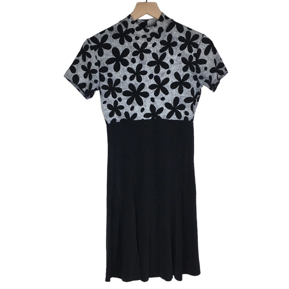 VINTAGE Joule Mini Dress 90s Floral Mod Retro Mock Neck Stretchy Size Medium